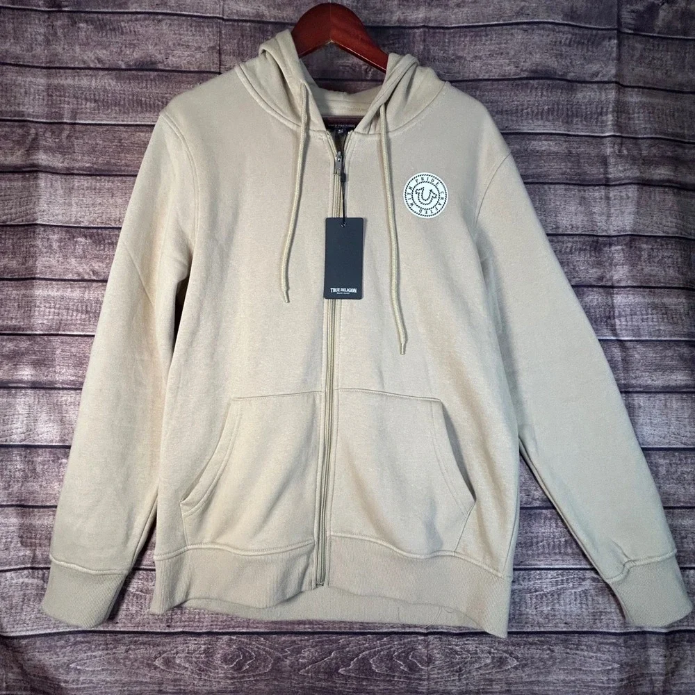 True‎ Religion Mens True College Full Zip Hoodie Jacket Travertine Beige L NEW